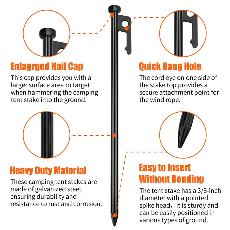 Eurmax USA 10 inch Multiuse Heavy Duty Steel Tent Stakes Tarp Pegs Camping Stakes for Outdoor Camping Canopy and tarp with 4 Ropes 10FT Length,8pcs(Black) - Image 3